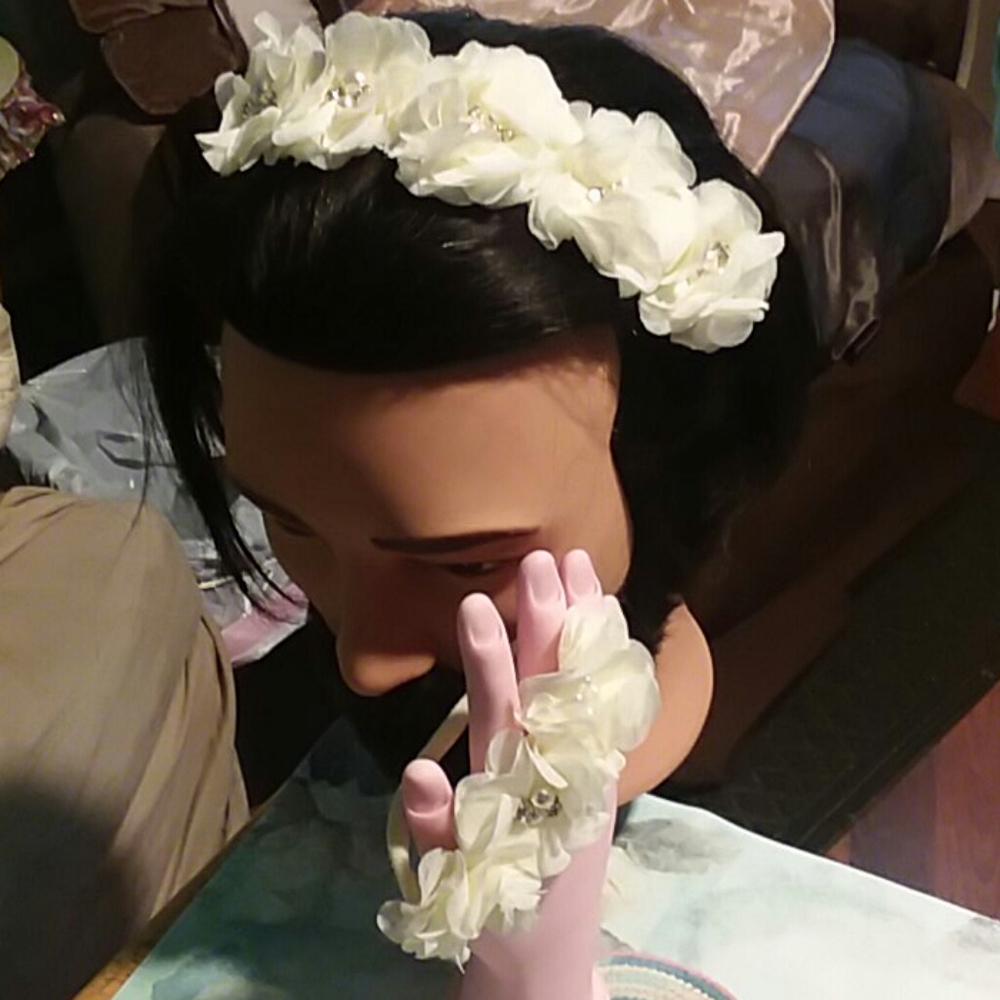 Flower Girl Rhinestone Pearls Ribbon Set